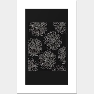 The beautiful pattern with White lineart dahlias on black background Posters and Art
